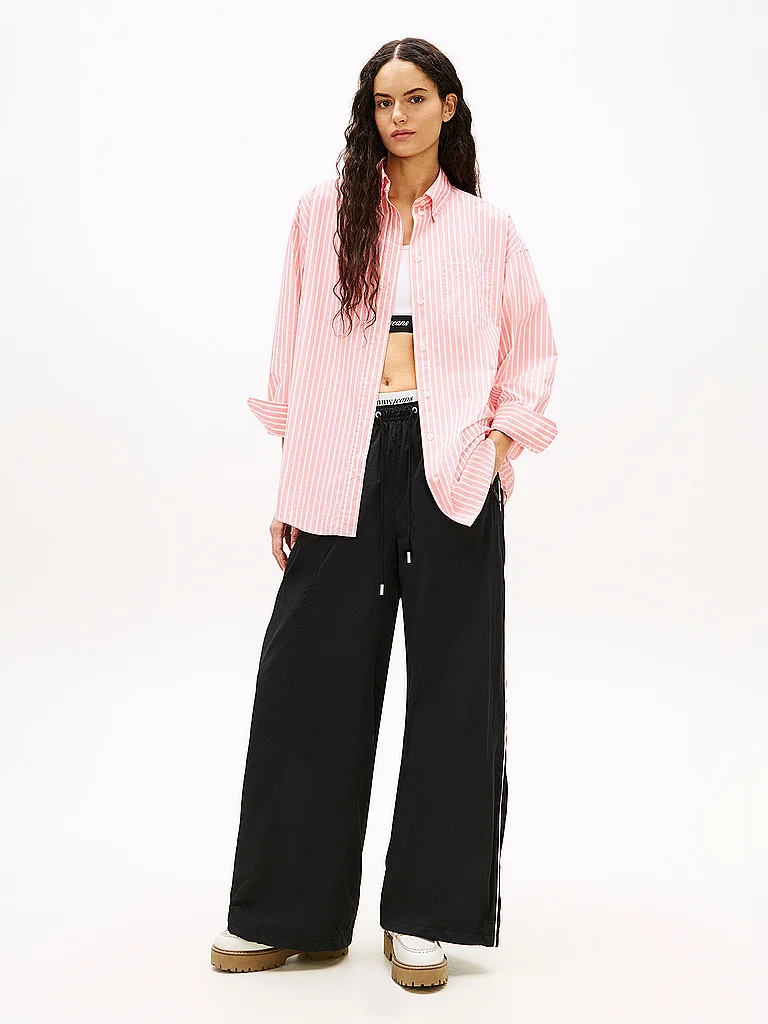 Langarmbluse TOMMY JEANS "TJW OVS POPLIN SHIRT", Damen, Gr. S (36), tropical blush, stripe, Web, Obermaterial: 65% Baumwolle, 35% Nylon, gestreift, regular fit normal, Manschette, Blusen, mit modischen Streifen 2